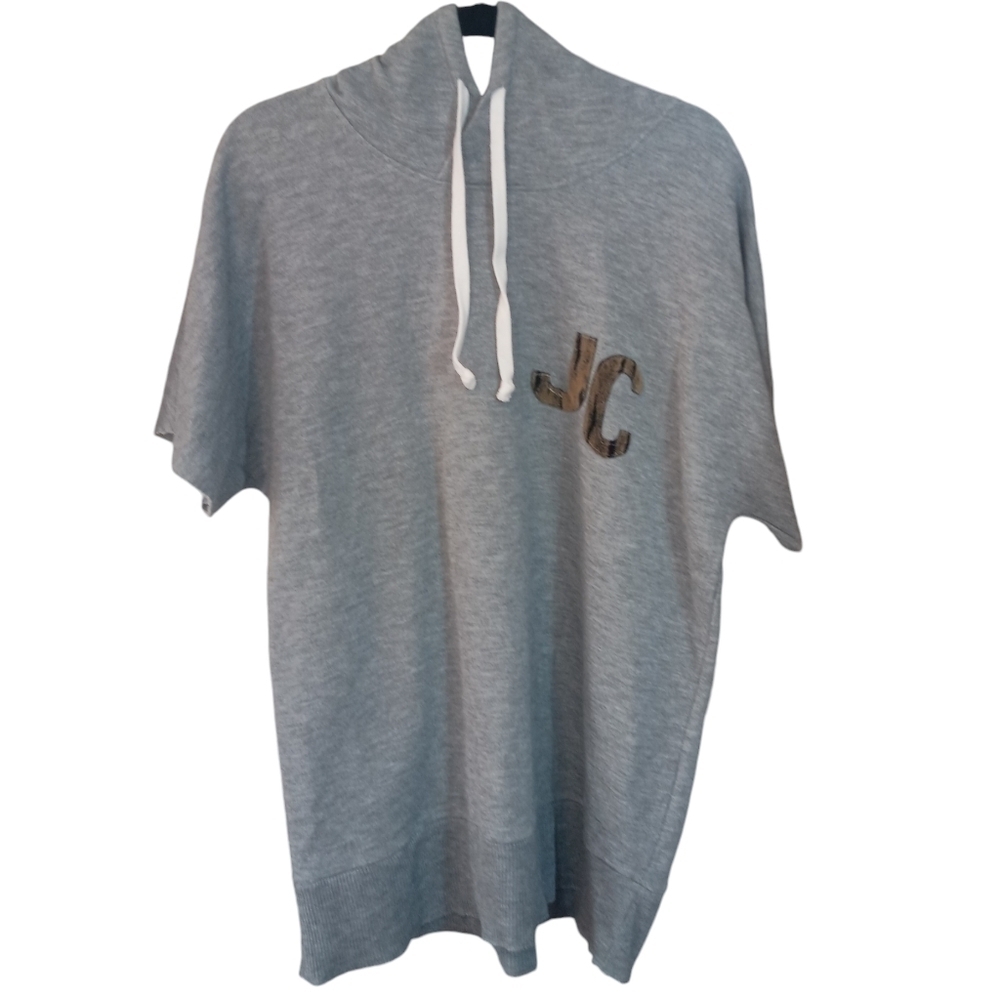 Just Cavalli Oversized Short Sleeve Pullover Hoodie Sweatshirt Gray Size Large
